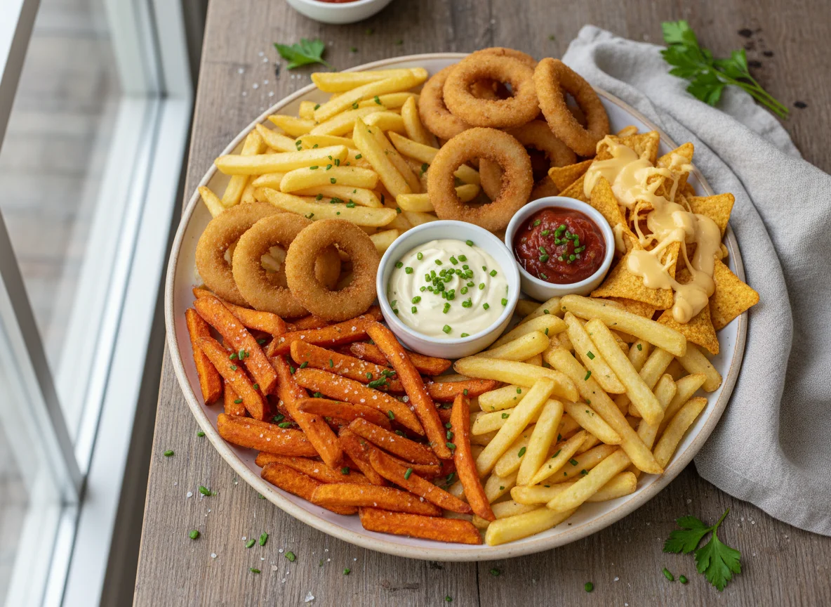 Snackplatte mit Pommes, Süßkartoffelpommes, Zwiebelringen und Nachos photo