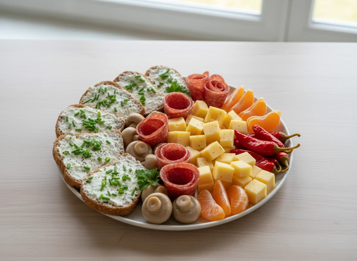 Snackplatte mit Salami, Käse und Obst photo