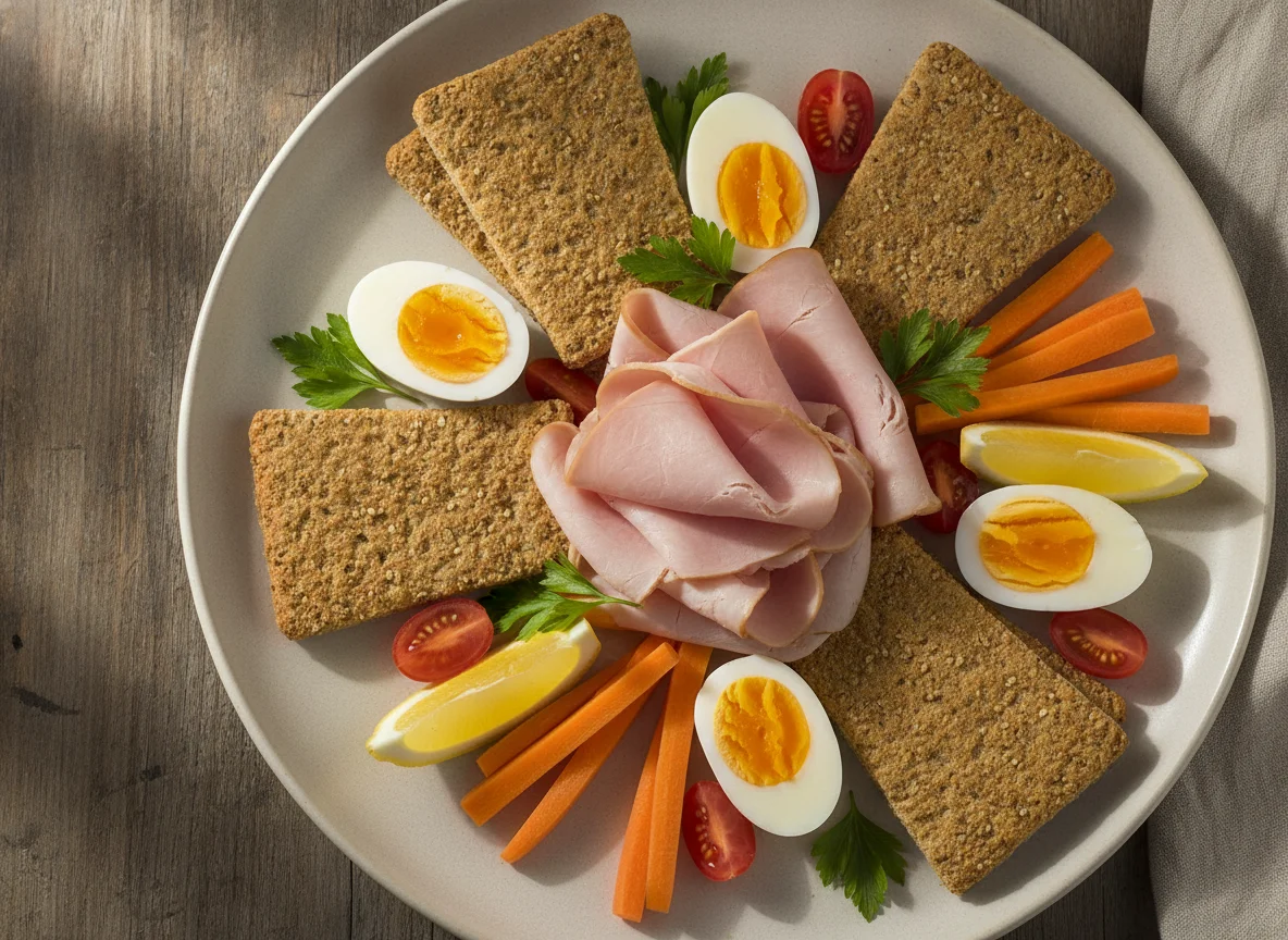 Snackplatte mit Wurst, Knäckebrot und Gemüse photo