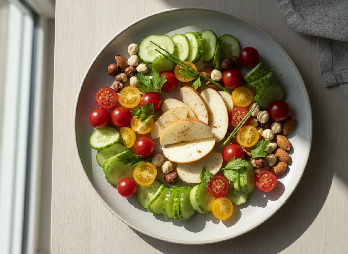 Snackteller mit Obst, Gemüse und Nüssen photo
