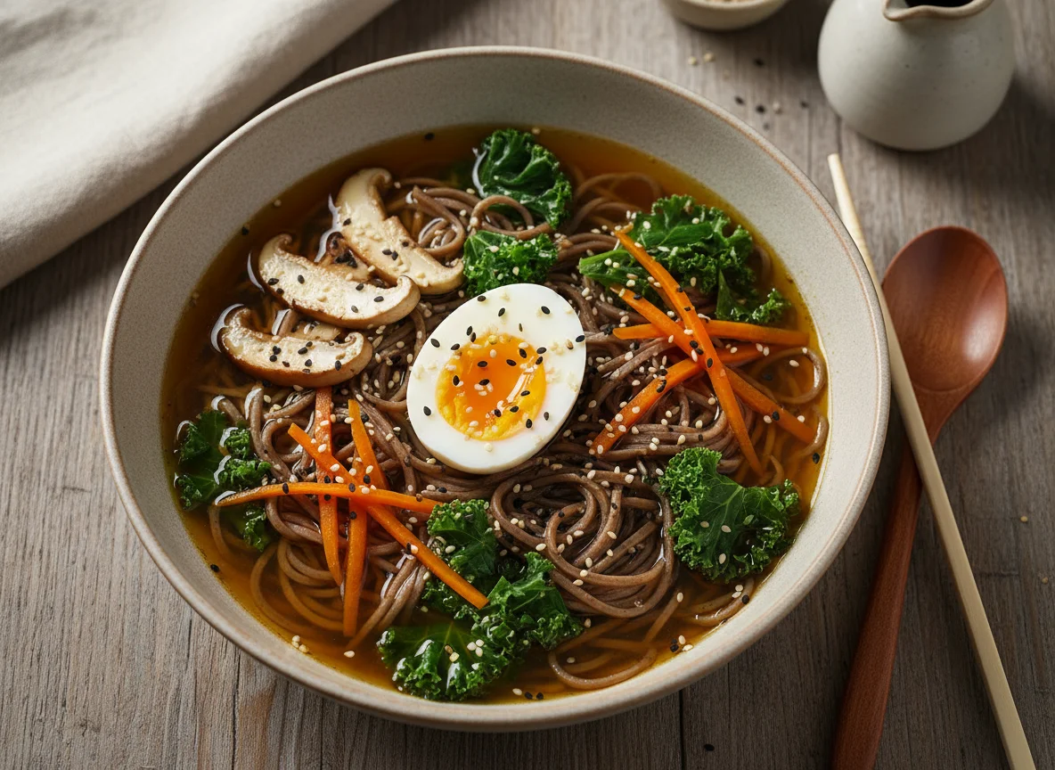 Soba-Nudelsuppe mit Ei und Gemüse photo