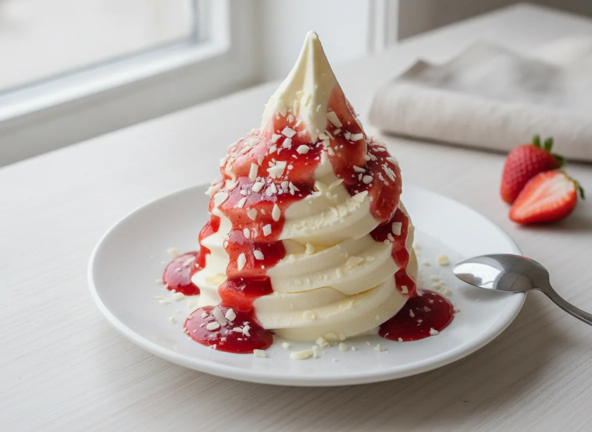 Softeis mit Erdbeersauce und weißer Schokolade photo