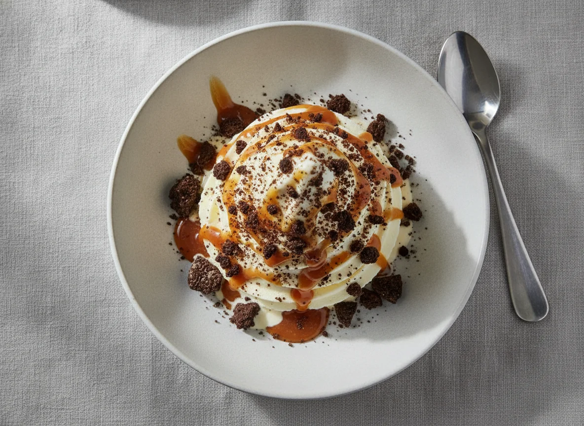 Softeis mit Keksstücken und Karamellsauce photo