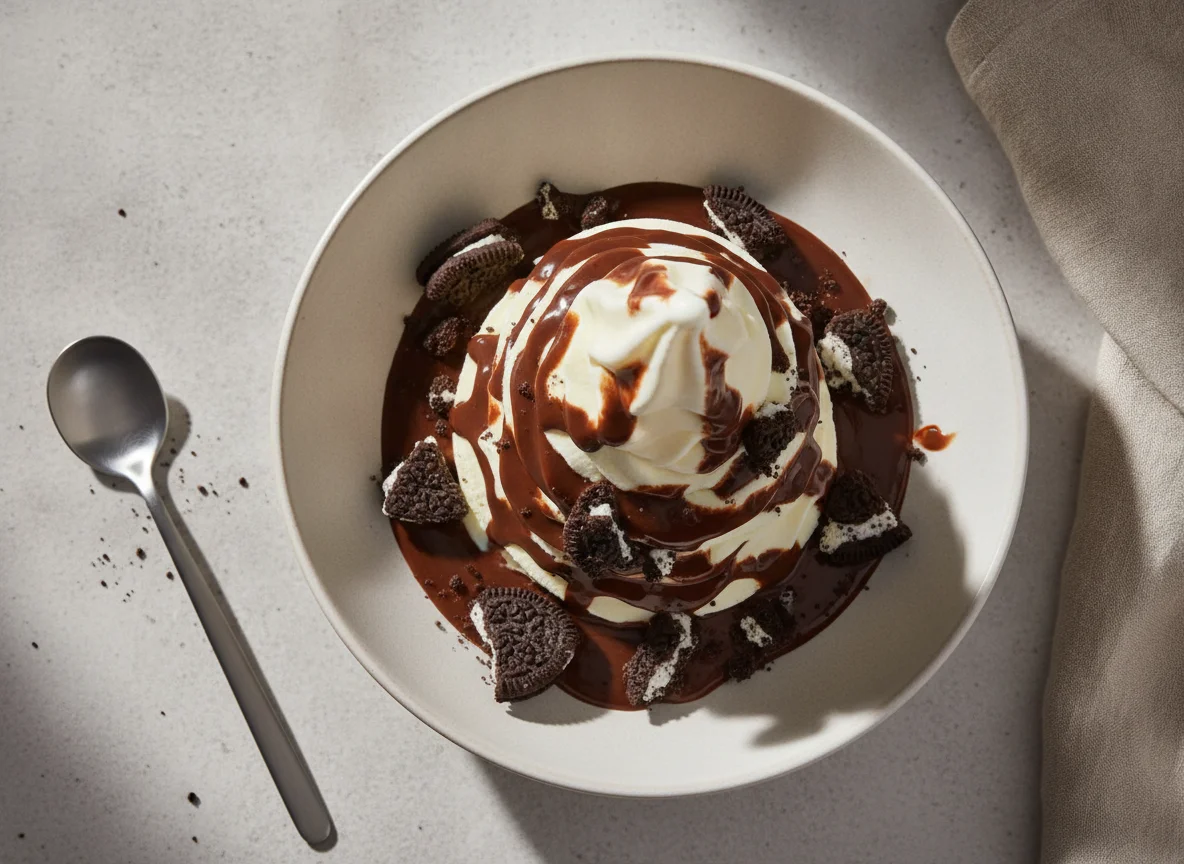 Softeis mit Schokoladensauce und Keksstücken photo