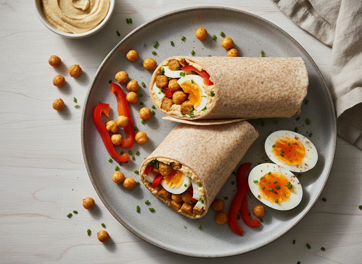 Soja-Geschnetzeltes-Wrap mit Kichererbsen und Ei photo