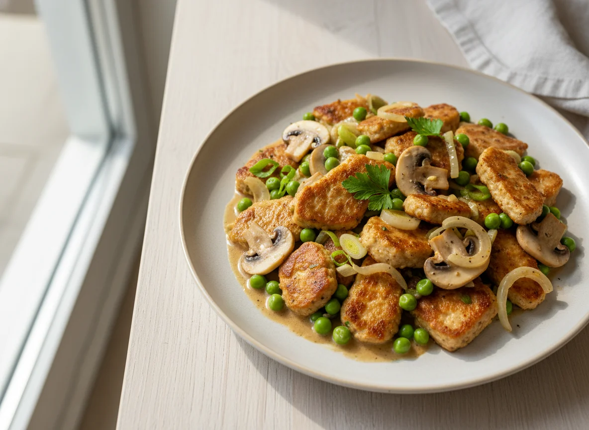 Sojaschnetzel-Pfanne mit Pilzen und Erbsen photo