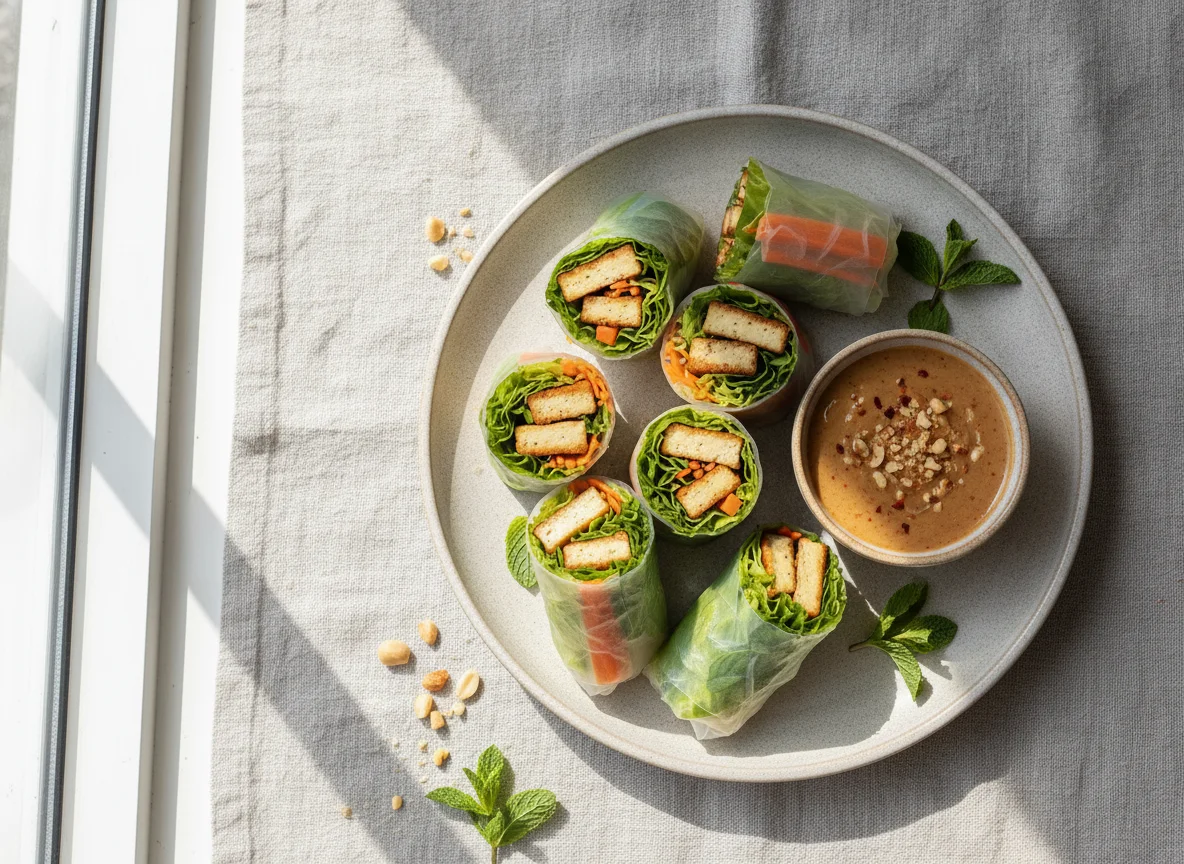 Sommerrollen mit Tofu und Erdnusssauce photo