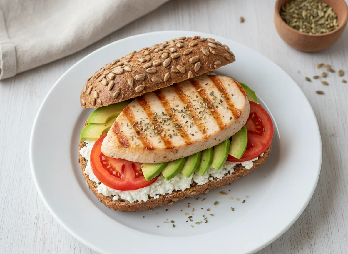 Sonnenblumenkernbrötchen mit Frischkäse, Avocado, Hähnchenbrust und Tomate photo