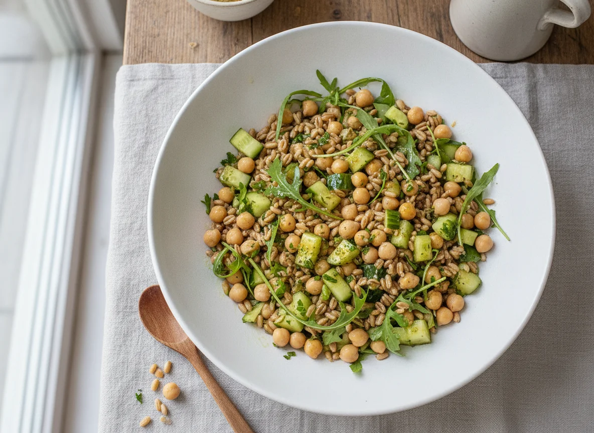 Sonnenweizen-Salat mit Kichererbsen und Gurke photo
