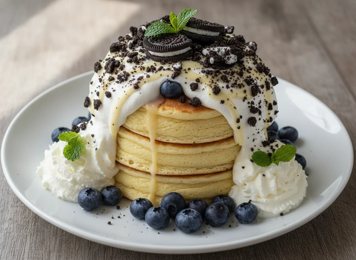 Soufflé Pfannkuchen mit Sahne, Blaubeeren und Oreo photo