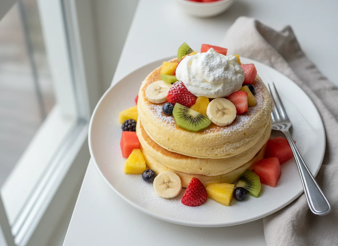 Soufflé-Pfannkuchen mit Früchten und Sahne photo