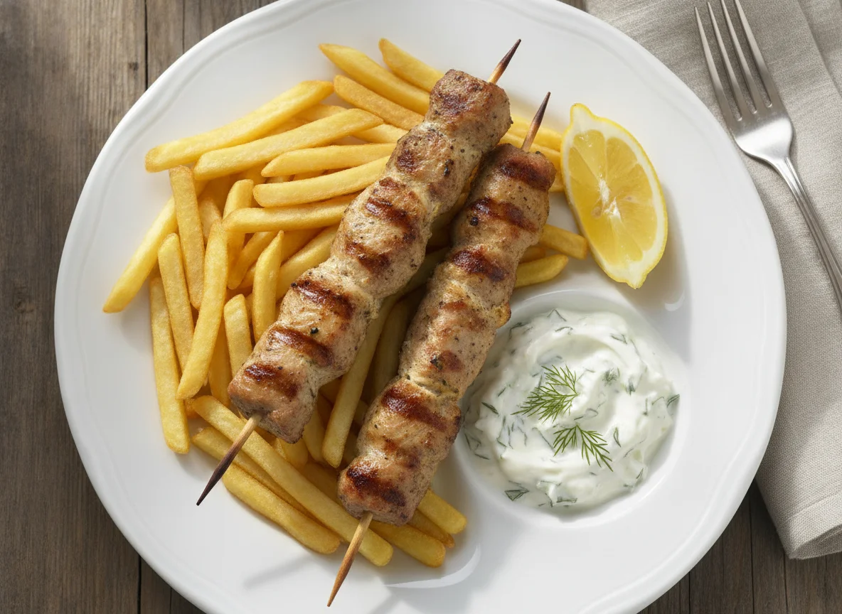 Souvlaki mit Pommes und Tzatziki photo