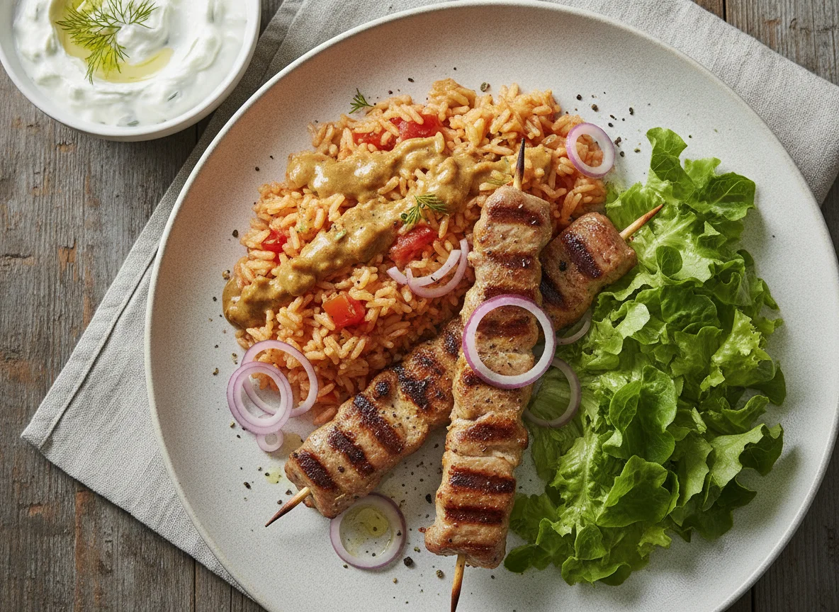 Souvlaki mit Tomatenreis und Tzatziki photo