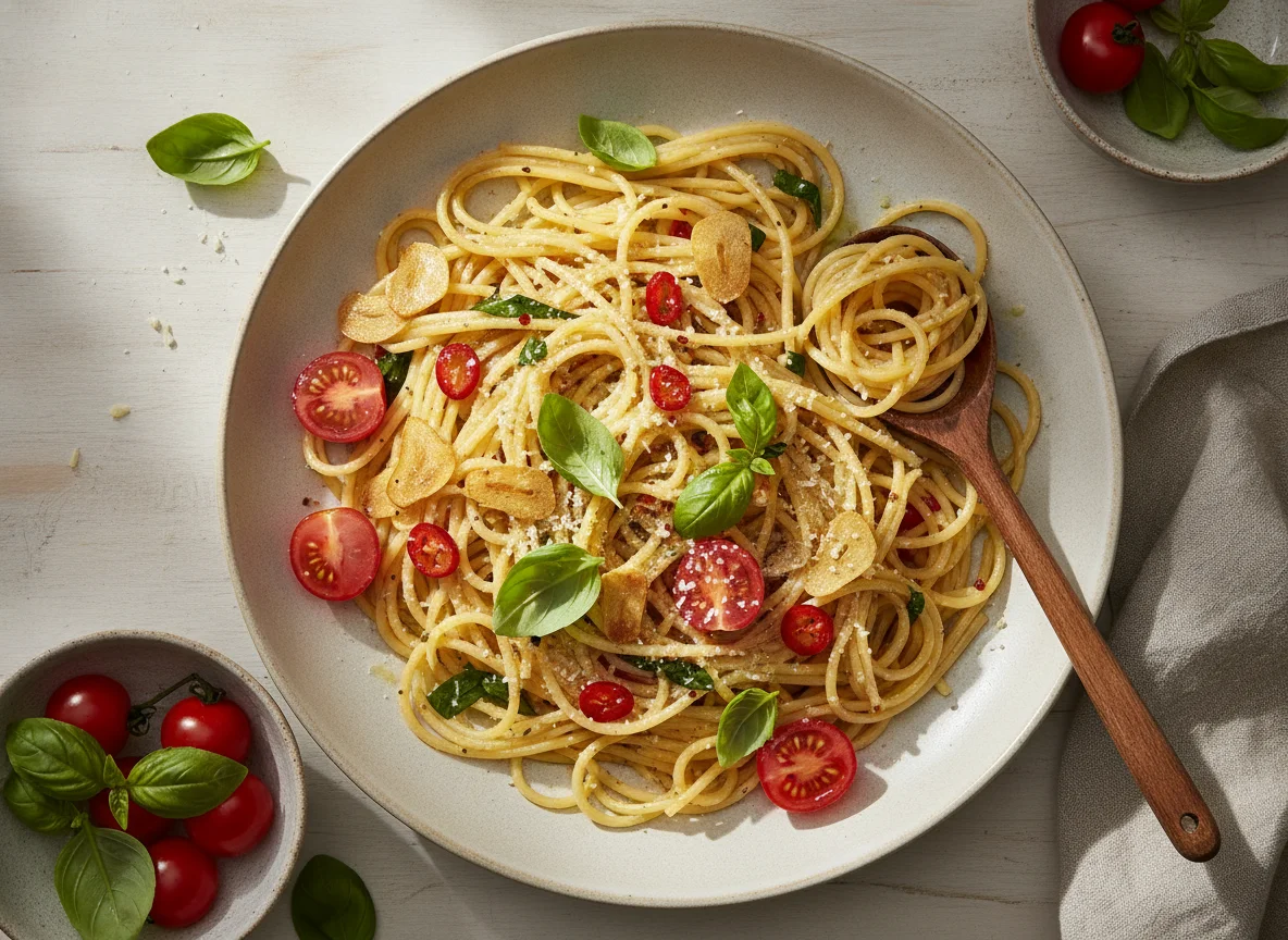 Spaghetti Aglio e Olio mit Basilikum und Kirschtomate photo