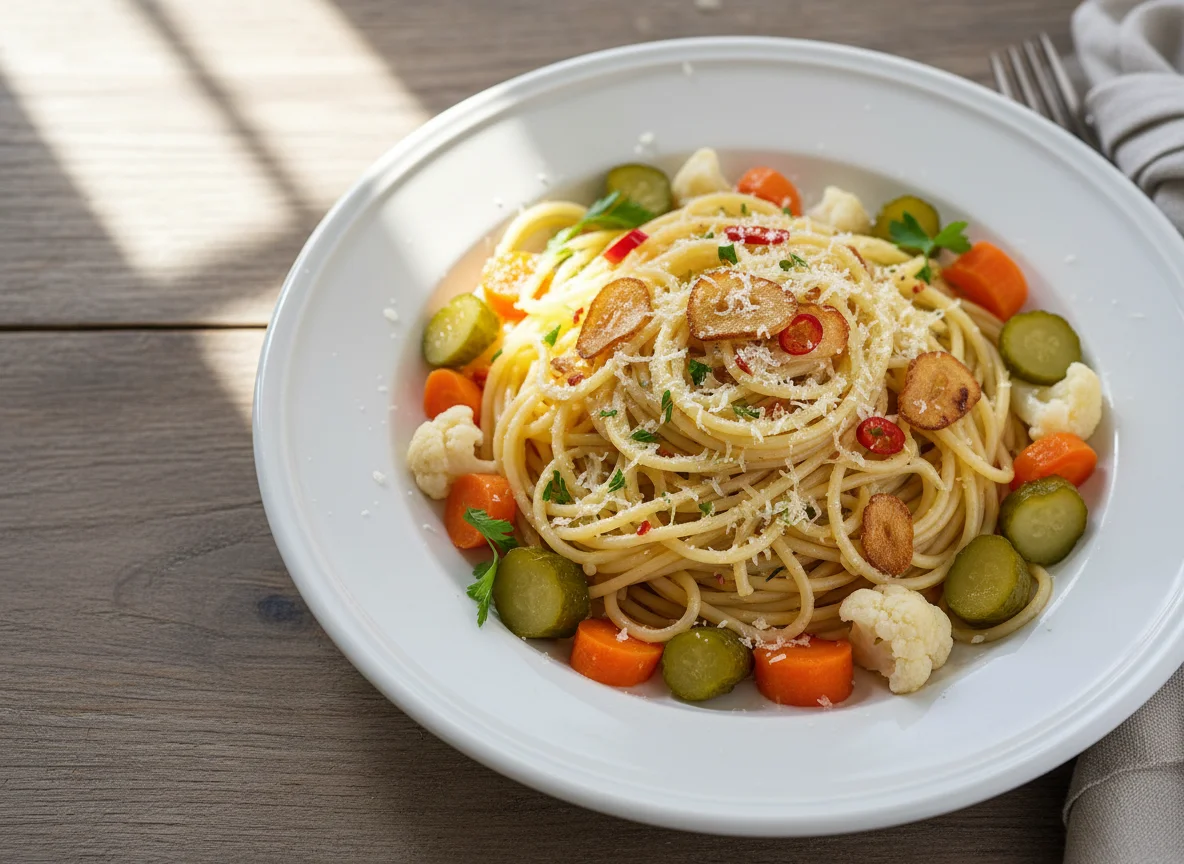 Spaghetti Aglio e Olio mit eingelegtem Gemüse photo