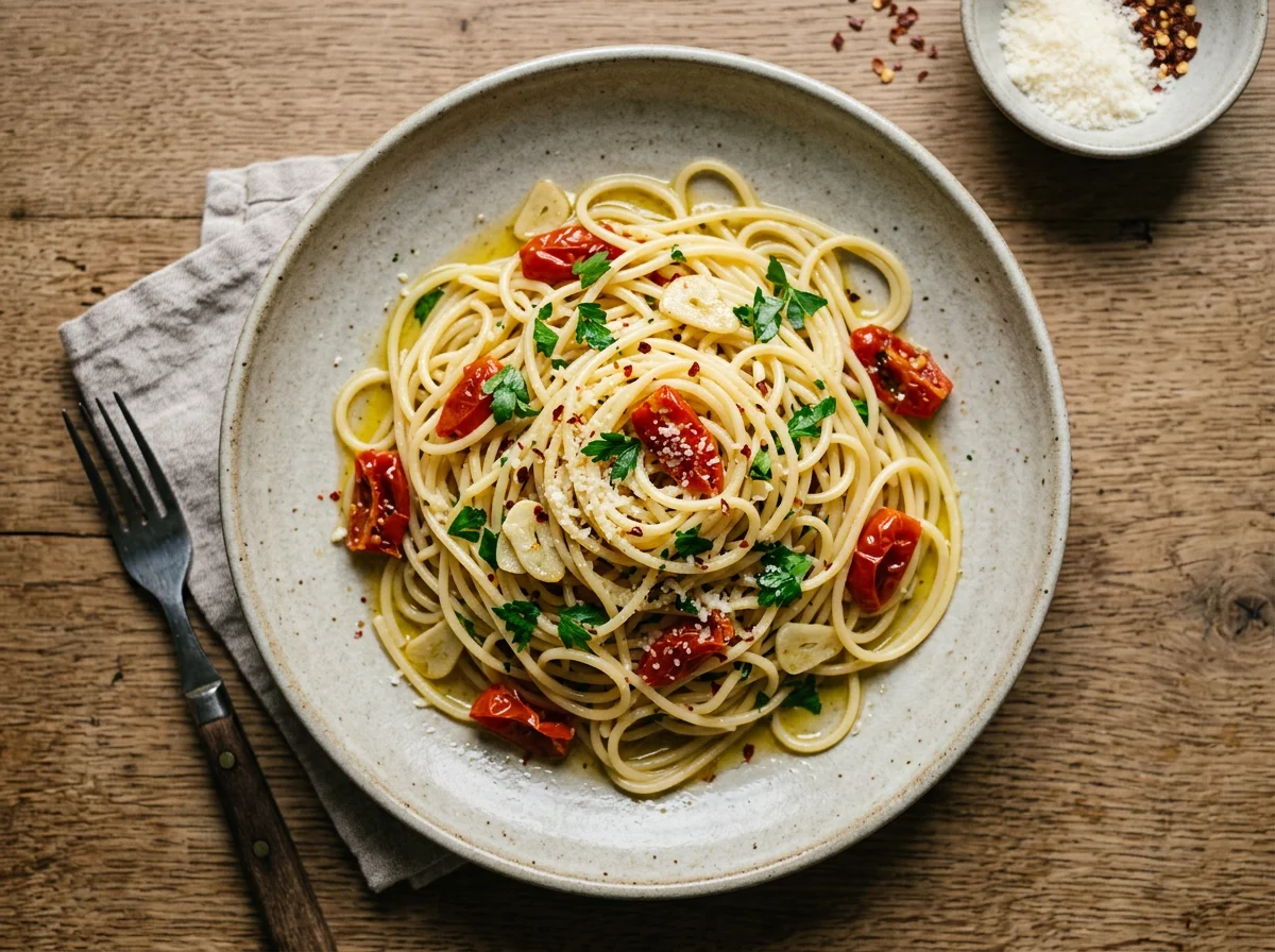 Spaghetti Aglio e Olio mit Tomaten photo