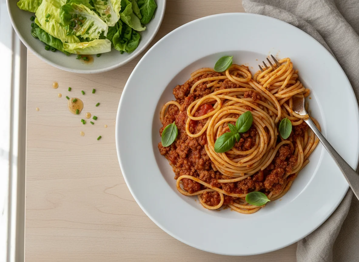 Spaghetti Bolognese mit Beilagensalat photo