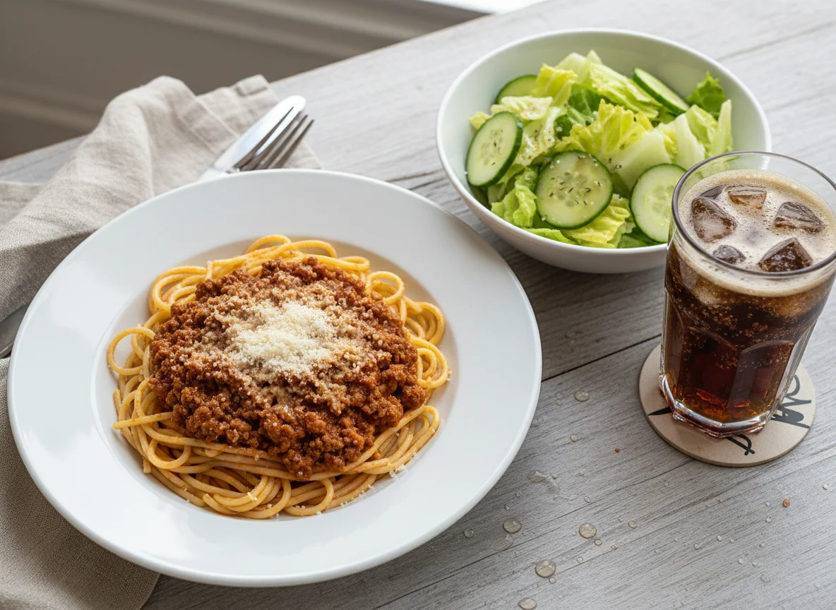 Spaghetti Bolognese mit Beilagensalat und Cola-Mix photo
