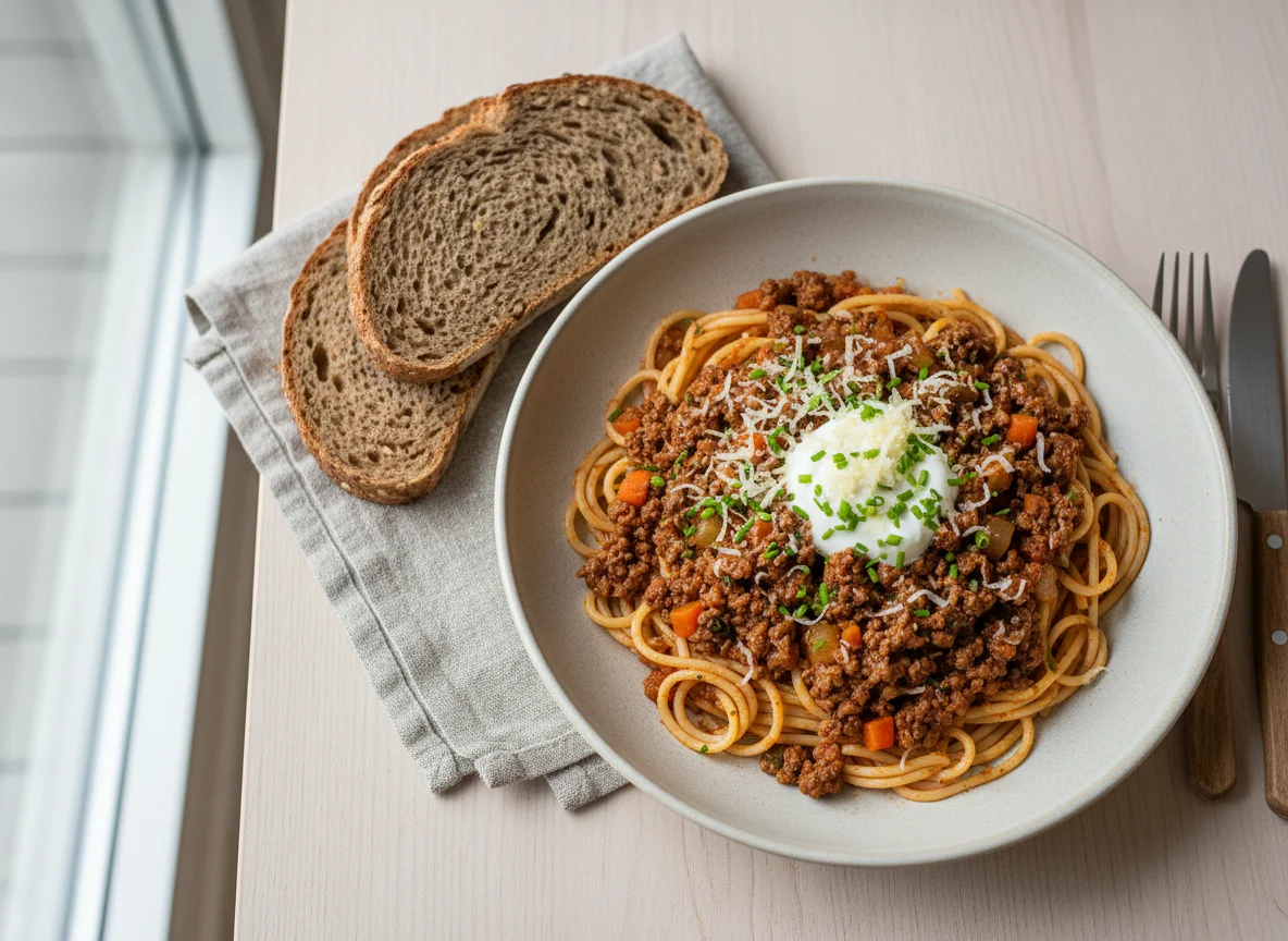 Spaghetti Bolognese mit Brot photo