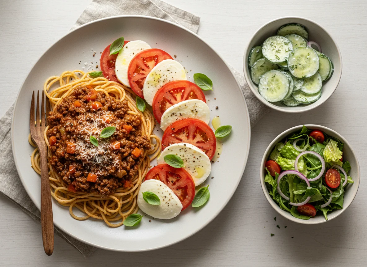 Spaghetti Bolognese mit Caprese und Salat photo