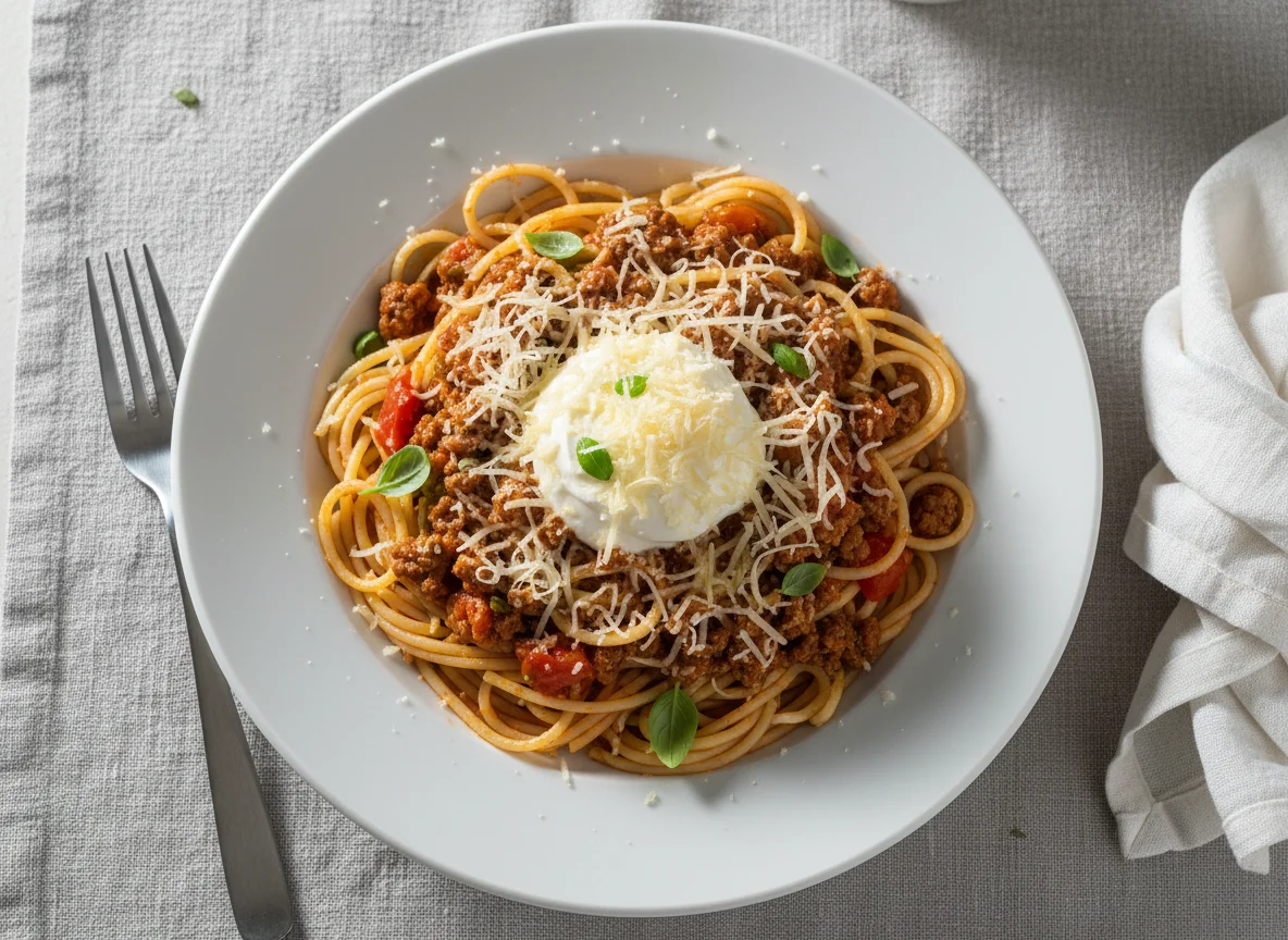 Spaghetti Bolognese mit Crème fraîche photo