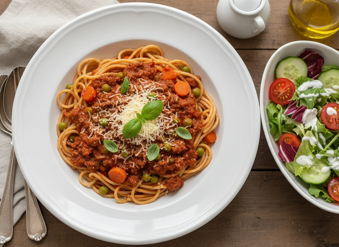 Spaghetti Bolognese mit Erbsen und Karotten, dazu Beilagensalat photo
