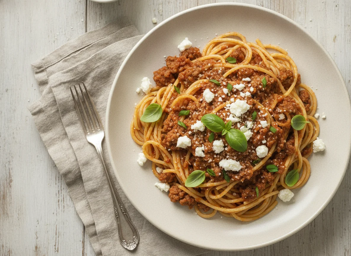 Spaghetti Bolognese mit Feta photo