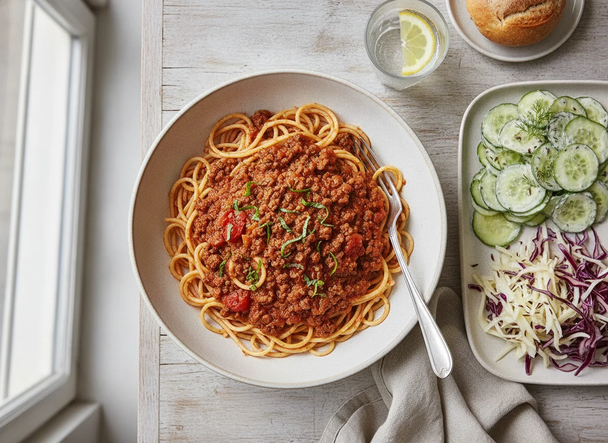 Spaghetti Bolognese mit gemischtem Salat photo
