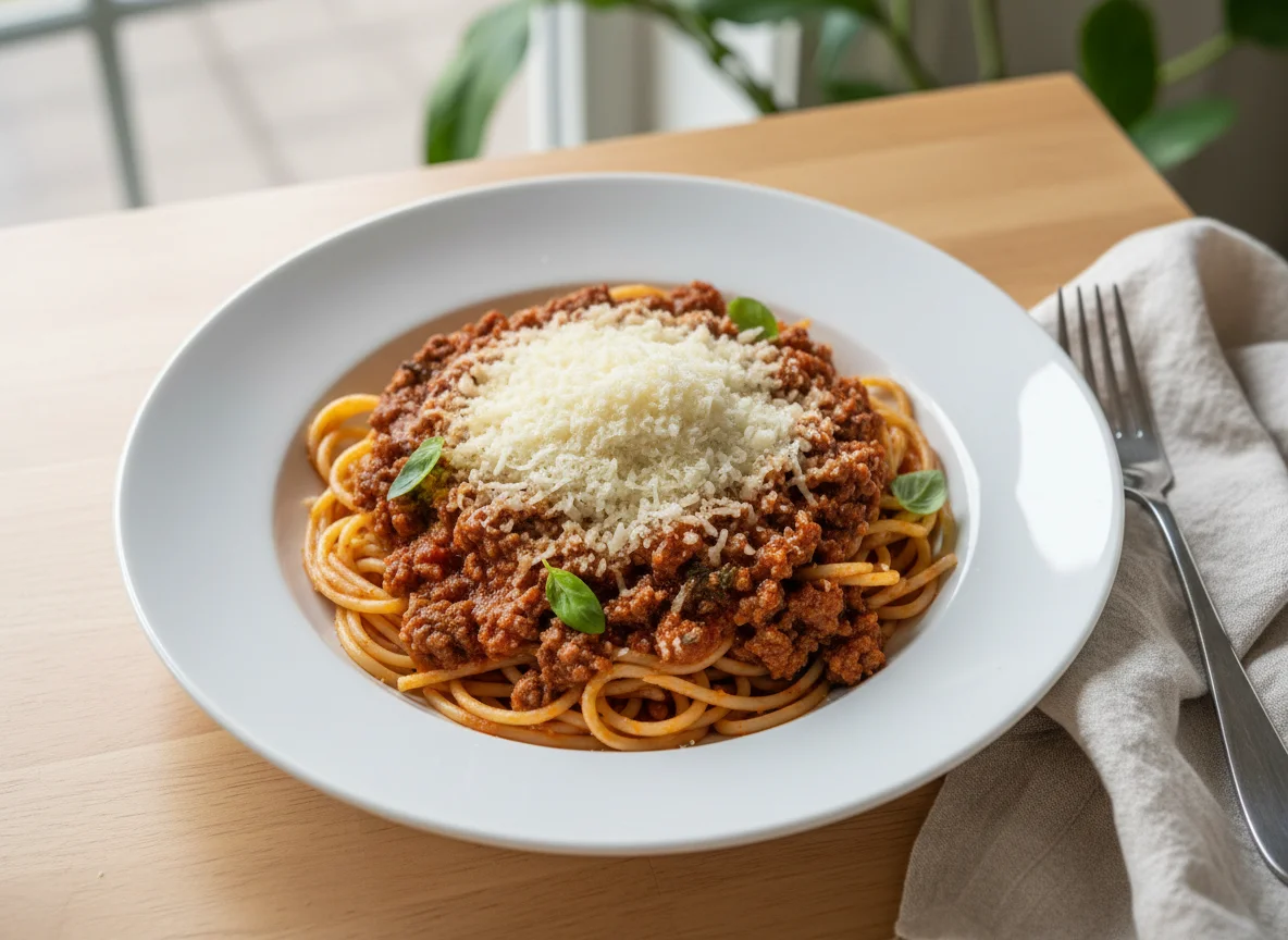 Spaghetti Bolognese mit geriebenem Käse photo