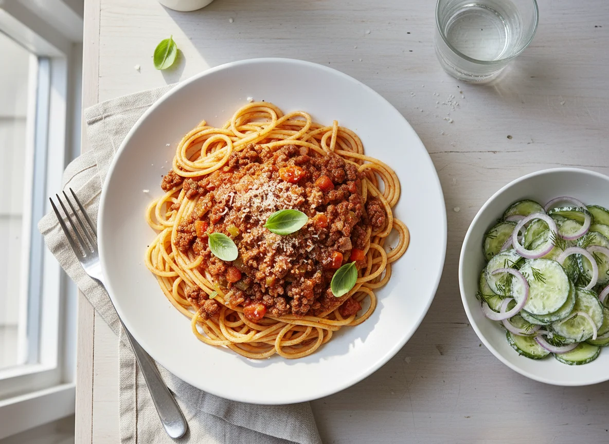 Spaghetti Bolognese mit Gurkensalat photo
