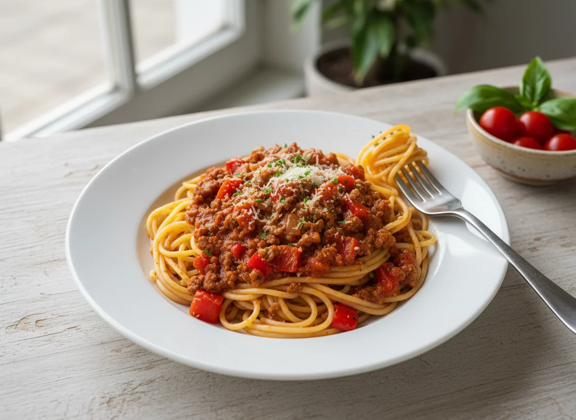 Spaghetti Bolognese mit Paprika photo