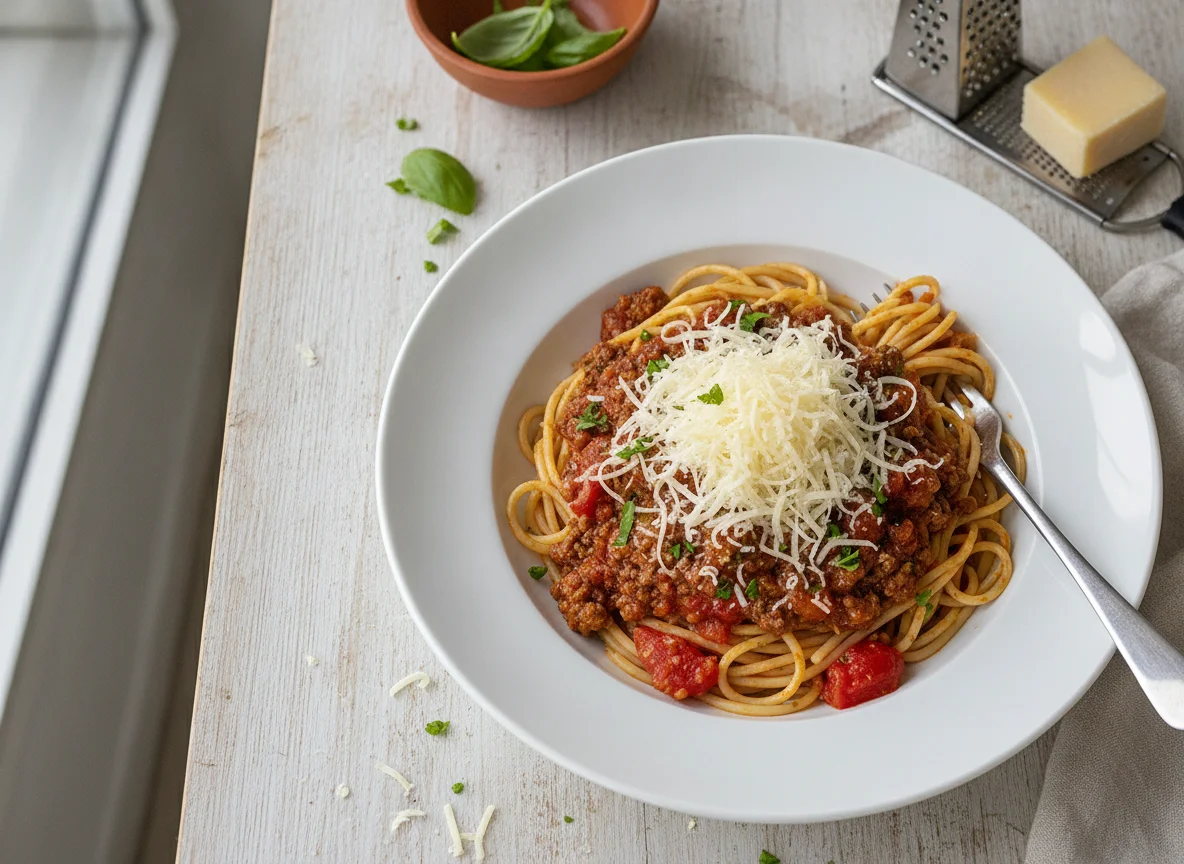 Spaghetti Bolognese mit Reibkäse photo