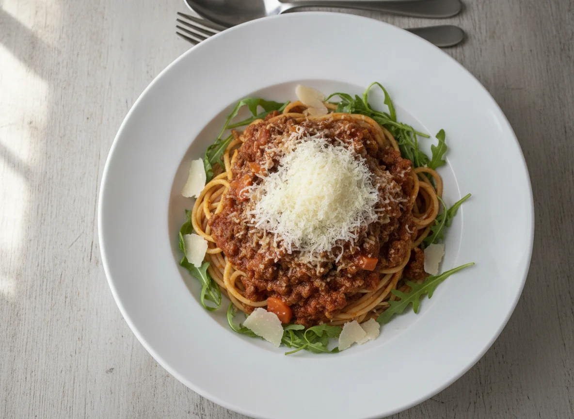 Spaghetti Bolognese mit Rucola und Parmesan photo