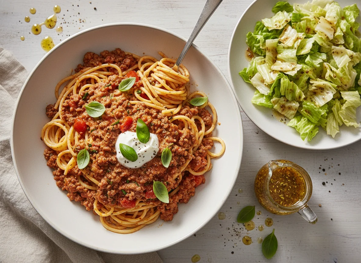 Spaghetti Bolognese mit Salat photo