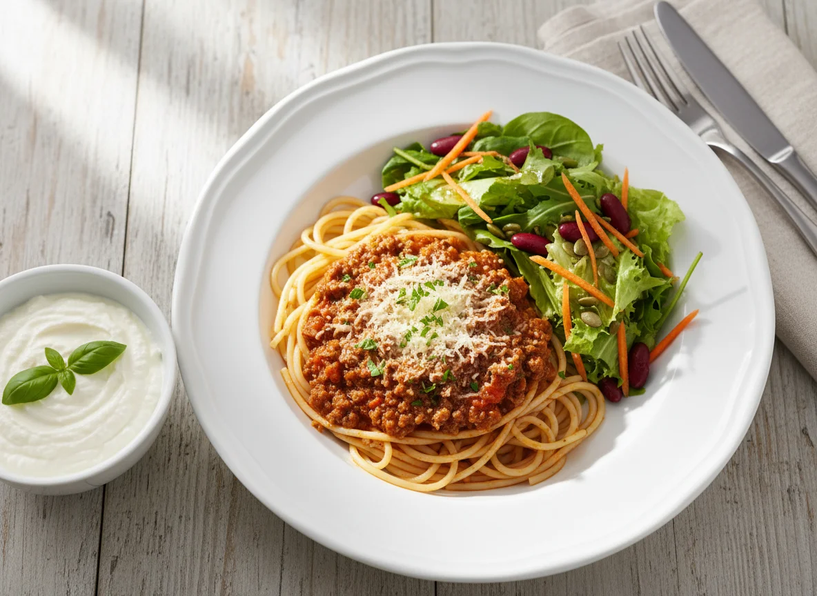 Spaghetti Bolognese mit Salat und Quark photo