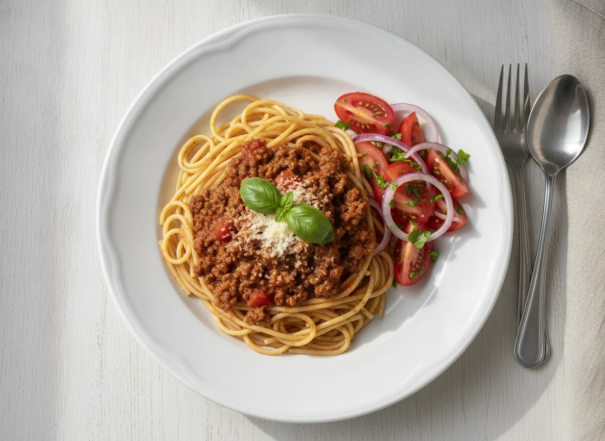 Spaghetti Bolognese mit Tomatensalat photo
