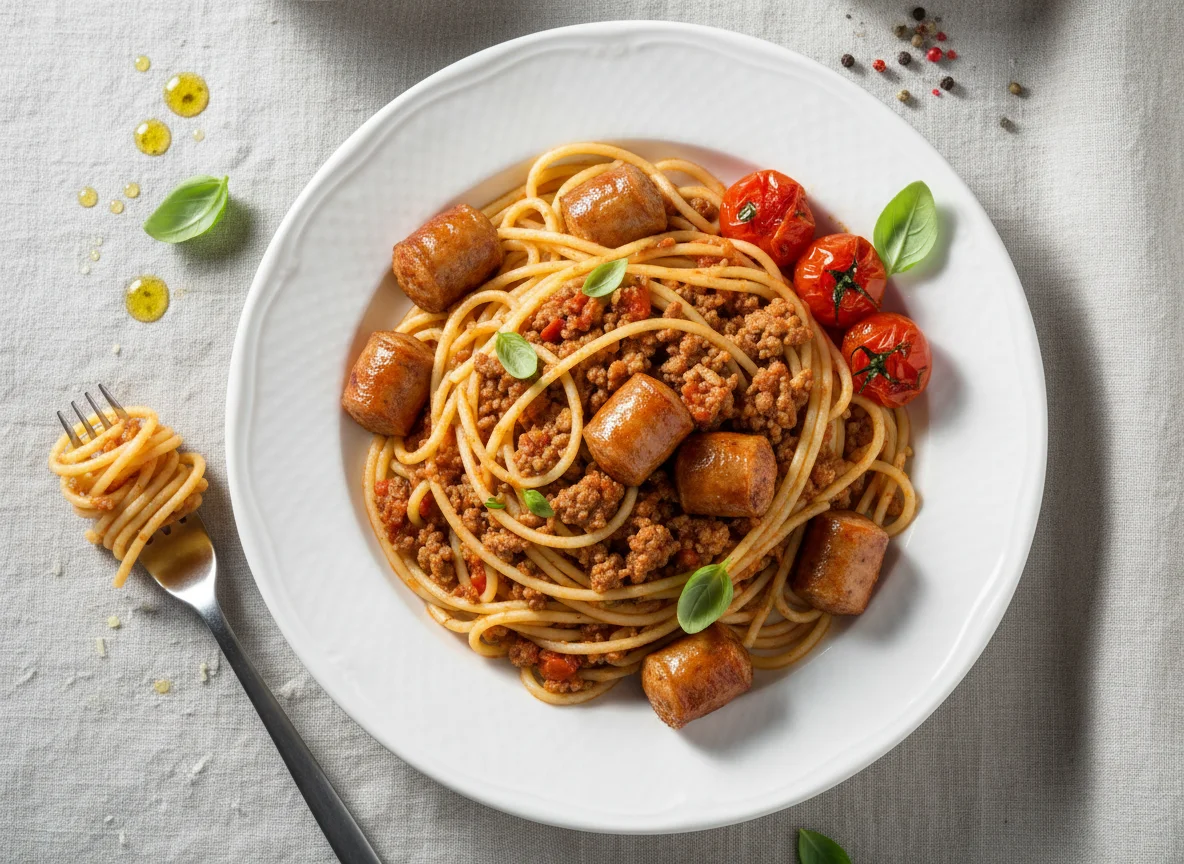 Spaghetti Bolognese mit Würstchen und Tomate photo