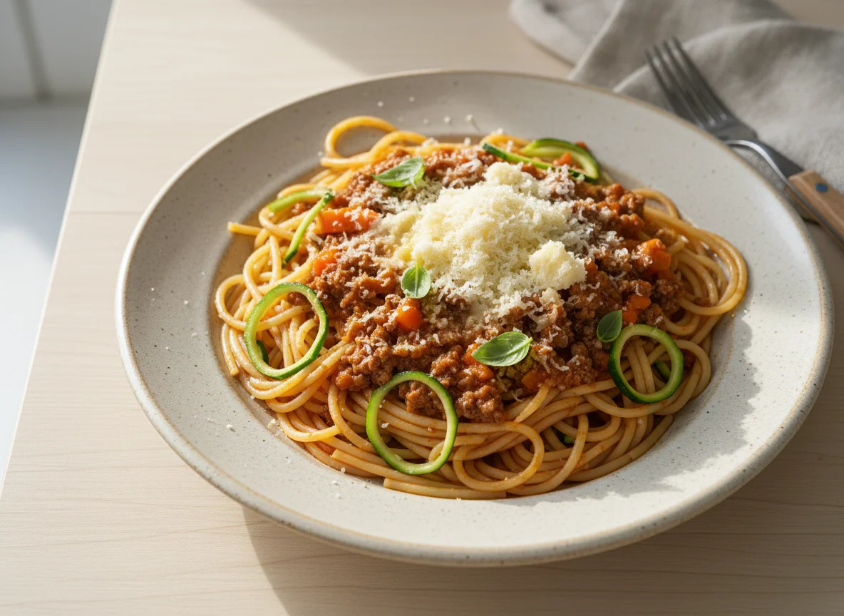 Spaghetti Bolognese mit Zucchini und Käse photo