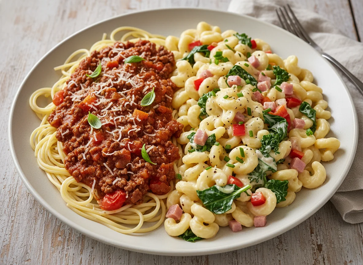 Spaghetti Bolognese und Nudeln mit cremiger Soße photo