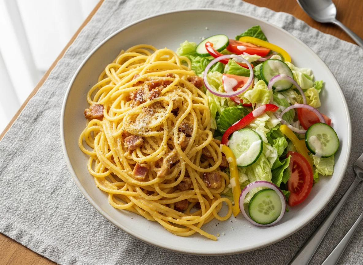 Spaghetti Carbonara mit gemischtem Salat photo