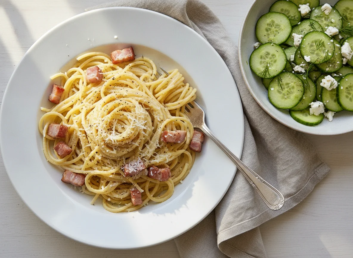 Spaghetti Carbonara mit Gurkensalat photo