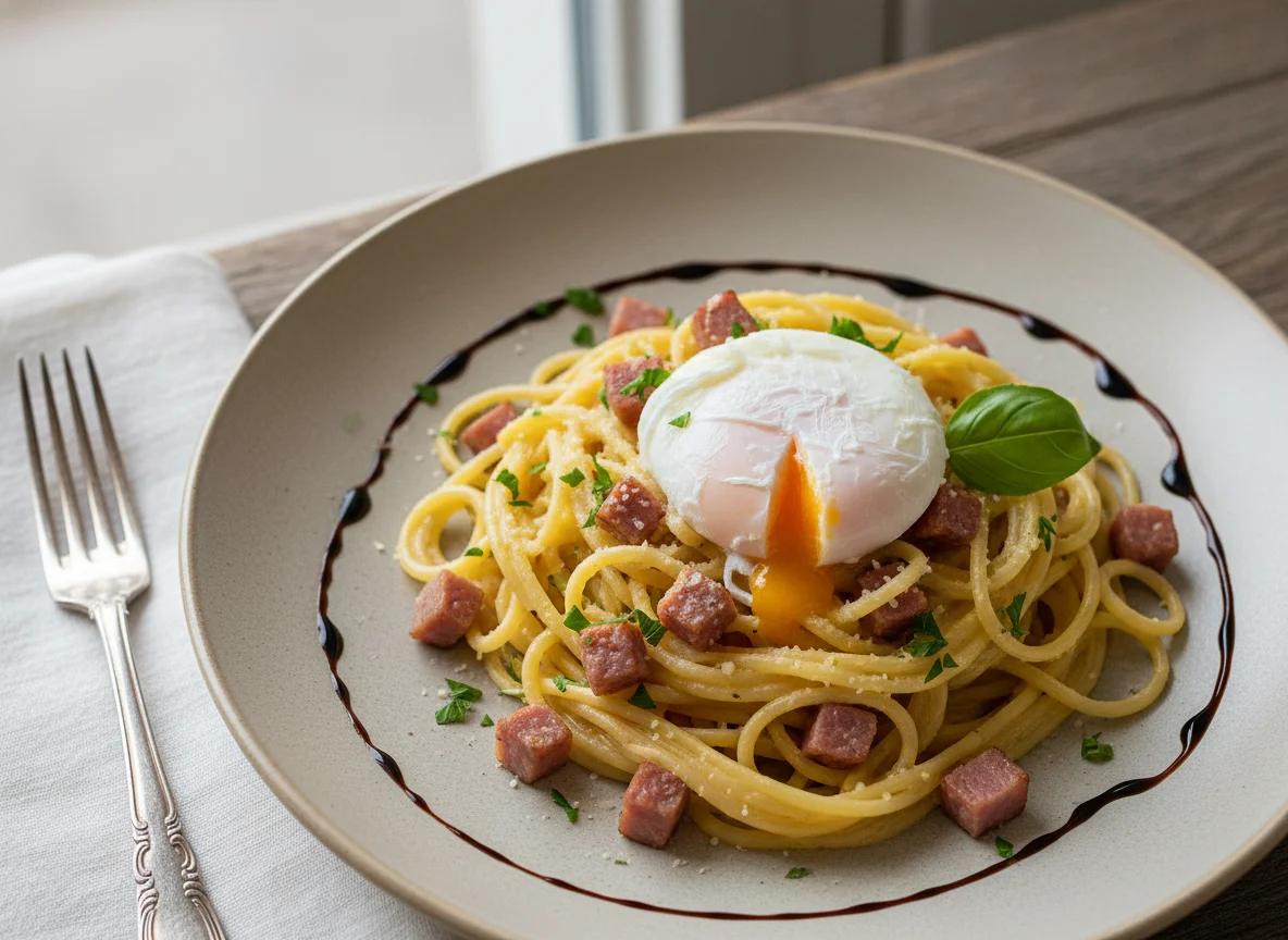 Spaghetti Carbonara mit pochiertem Ei photo