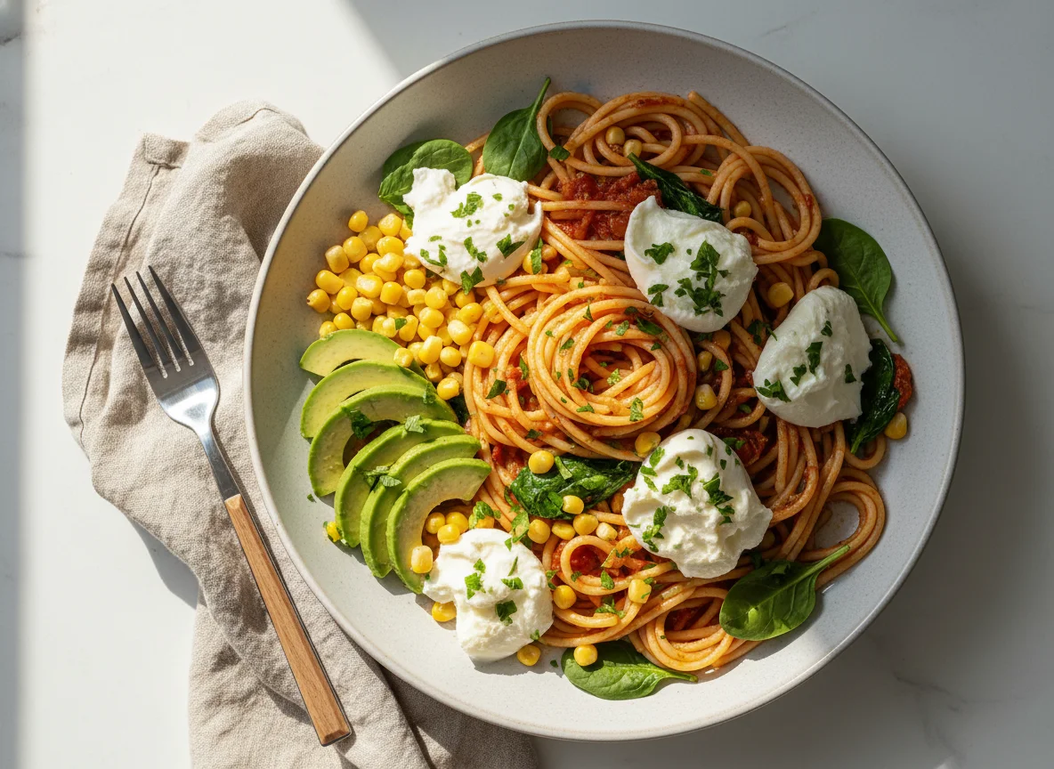 Spaghetti mit Avocado, Burrata und Mais photo