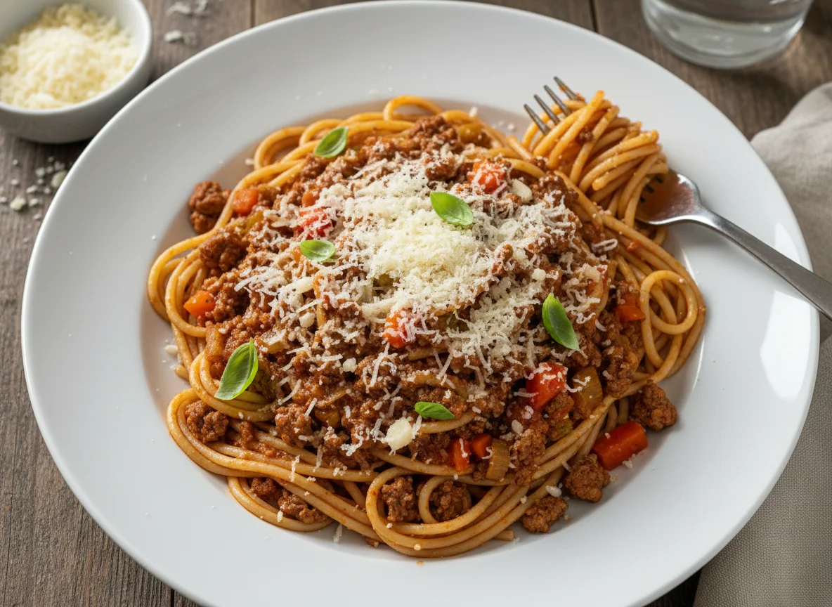 Spaghetti mit Bolognese und Parmesan photo
