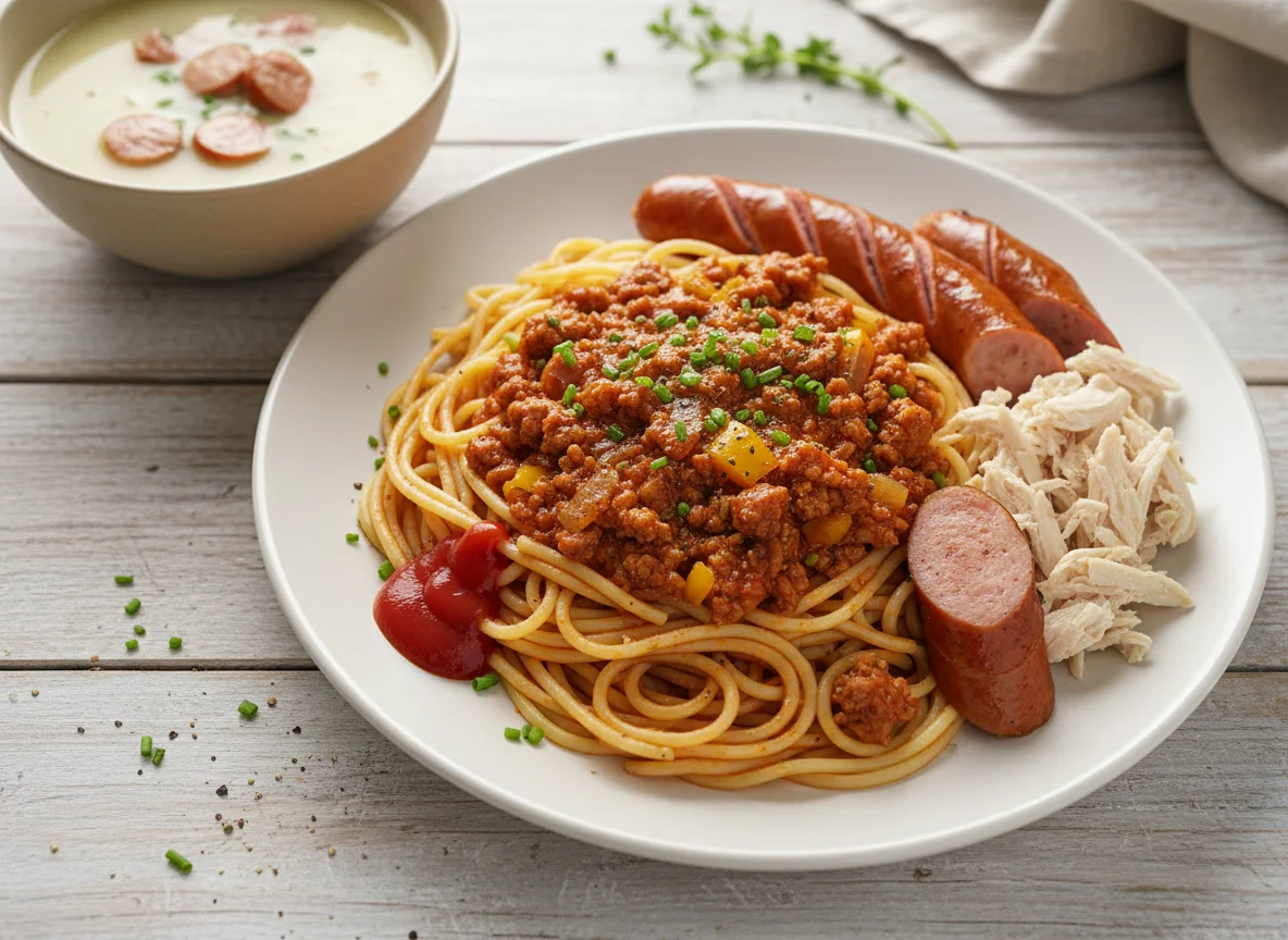 Spaghetti mit Bolognese, Wurst und Hähnchen photo