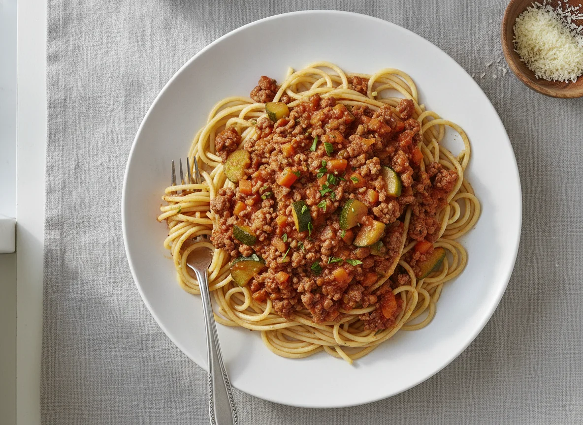 Spaghetti mit Bolognese-Gemüse-Sauce photo