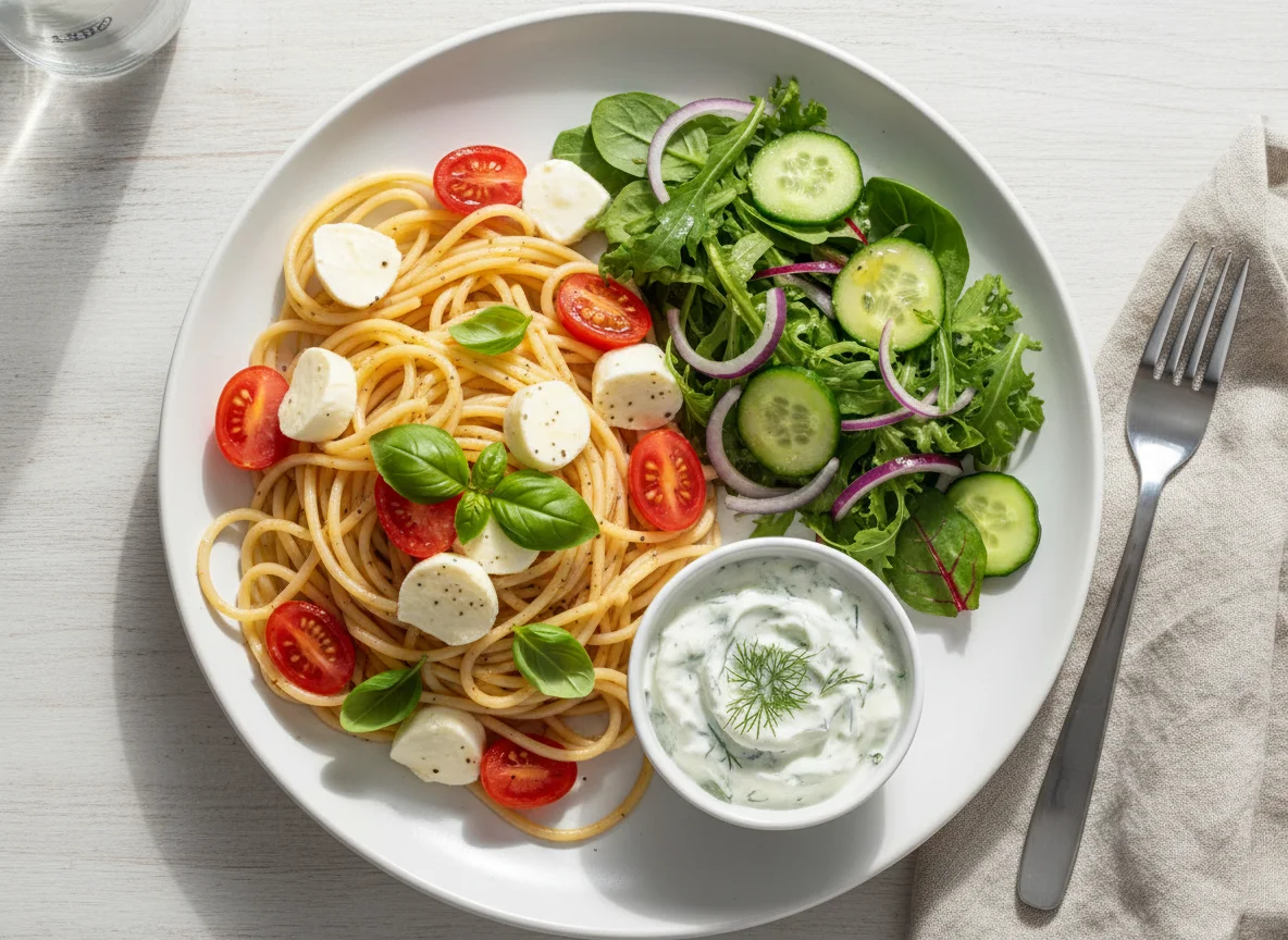 Spaghetti mit Caprese und Salat photo