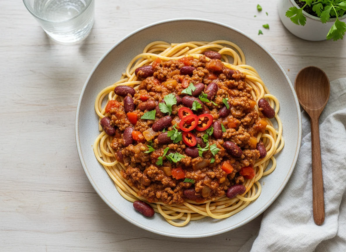Spaghetti mit Chili con Carne und Kidneybohnen photo