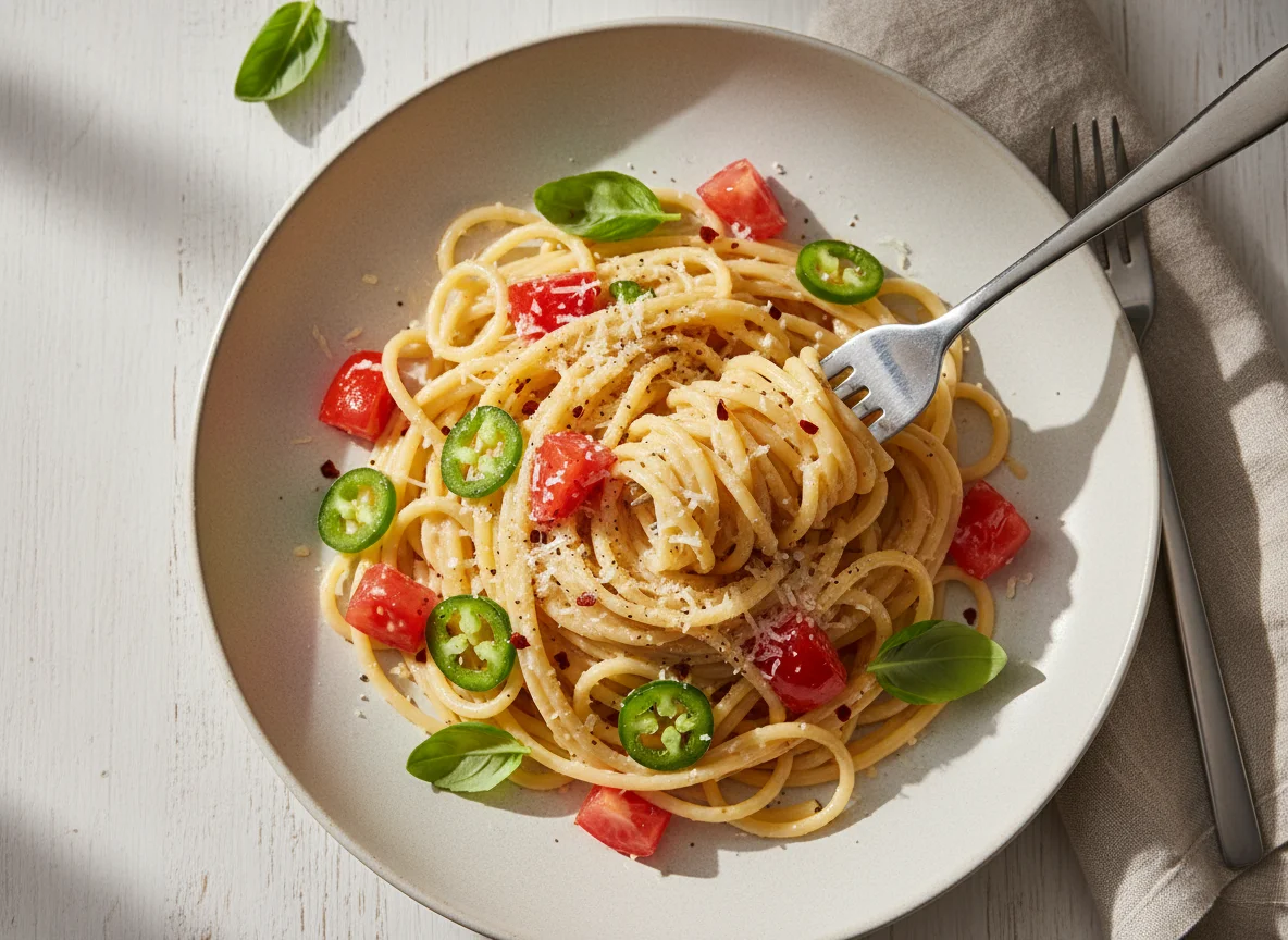Spaghetti mit cremiger Sauce und Chili photo