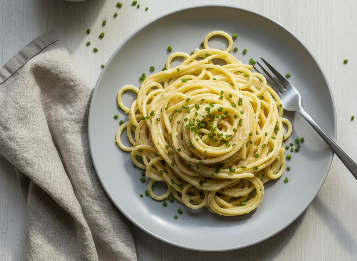 Spaghetti mit cremiger Sauce und Schnittlauch photo